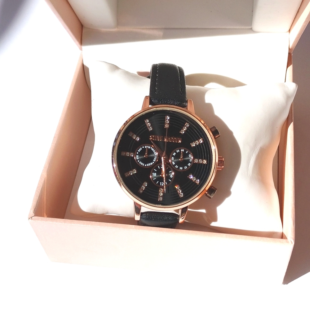 Steve Madden Chronograph Watch Rhinestones Black Dial Rose Gold Black Leather